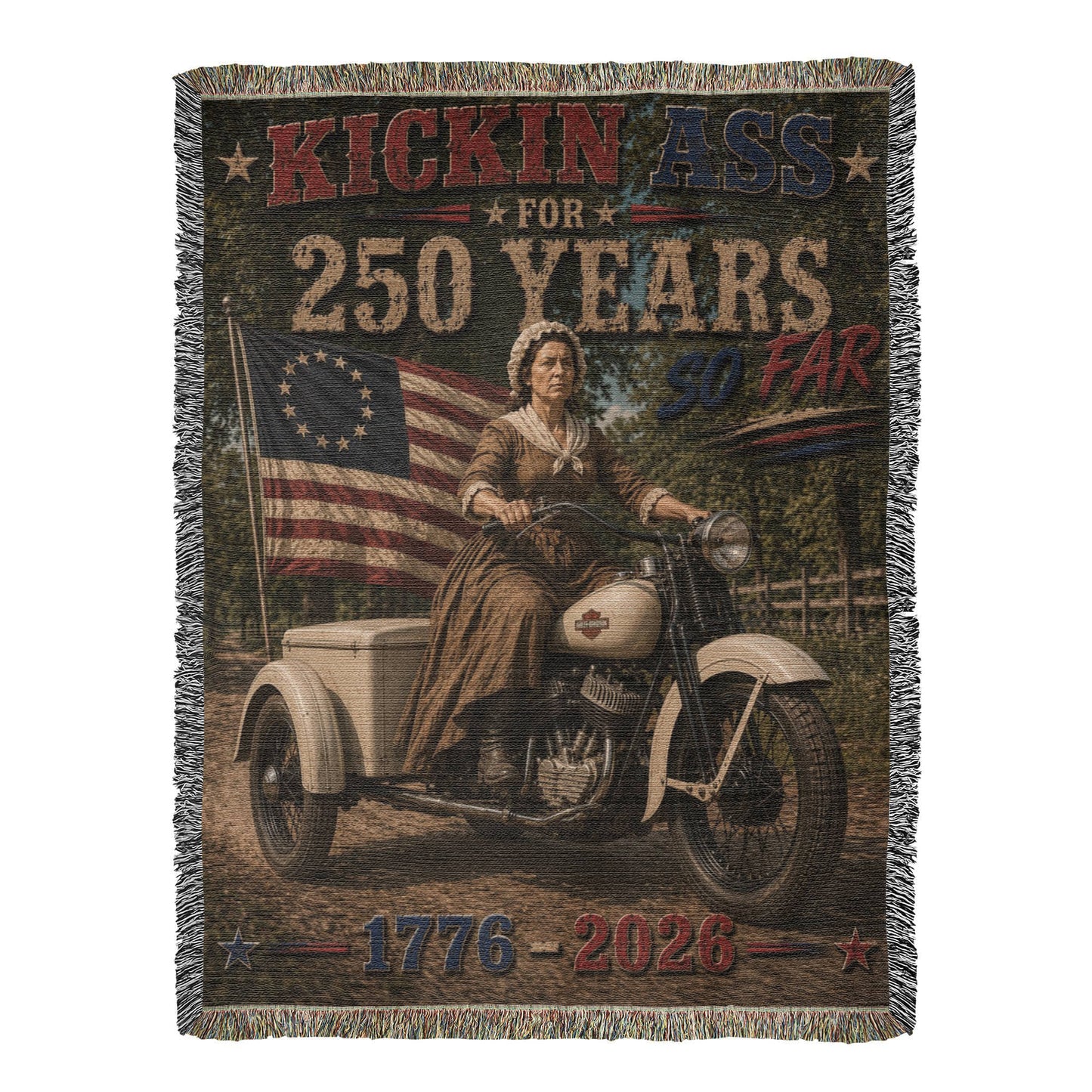 Kickin' Ass For 250 Years So Far – Betsy Ross "49" Harley-Davidson 45 Flathead Vintage Americana Father's Day Woven Blanket