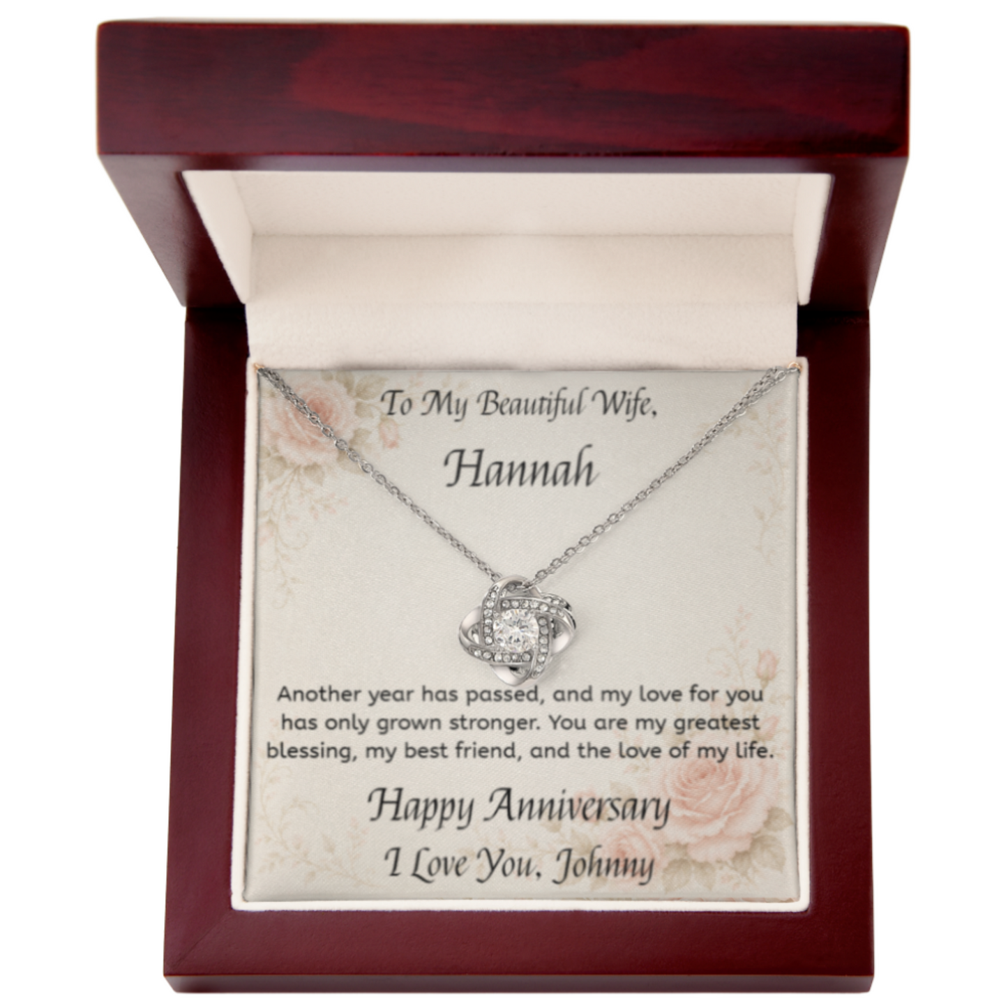 001hwa - To My Beautiful Wife Hanna - Love Knot Necklace (Yellow & White Gold Variants)