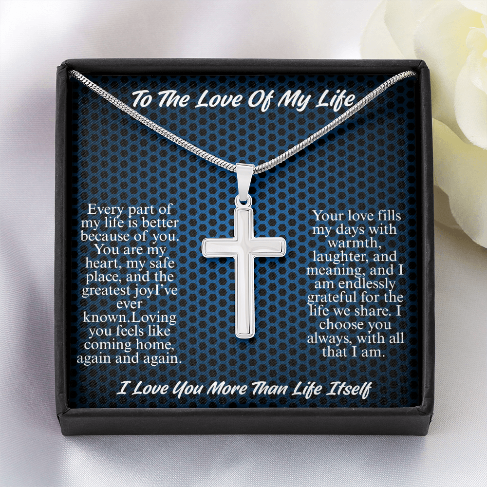 To My Husband, The Love Of My Life, Gold Cross Pendant Necklace: 18k Yellow Gold Snake Chain