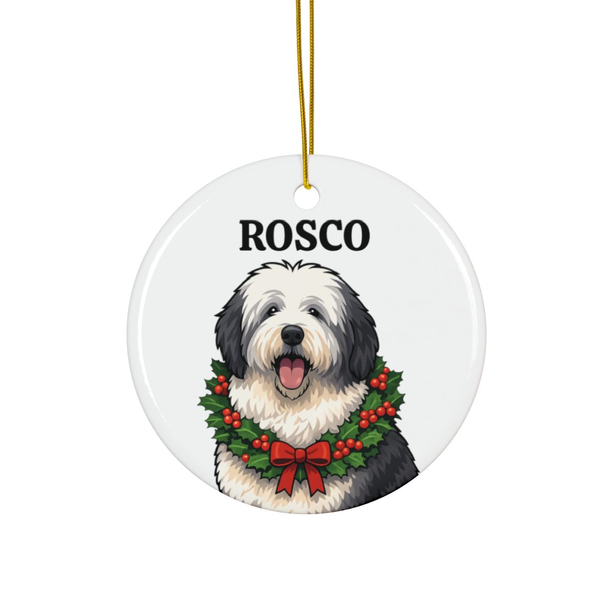 Personalized Dog Portrait Christmas Ornament with Wreath & Custom Name