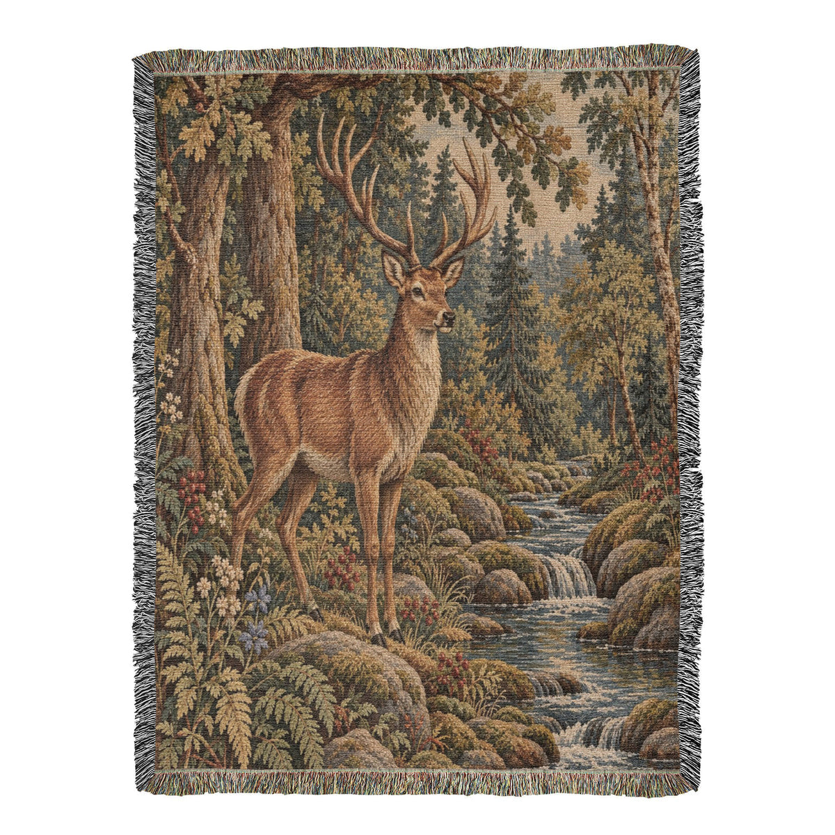 Medieval Deer Woven Blanket – Vintage Woodland Tapestry Throw, Forest Stag & Brook Rustic Home Decor