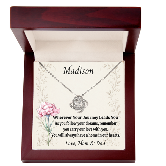 Personalized Daughter Necklace from Mom & Dad | Name & Birth Flower Love Knot Gift