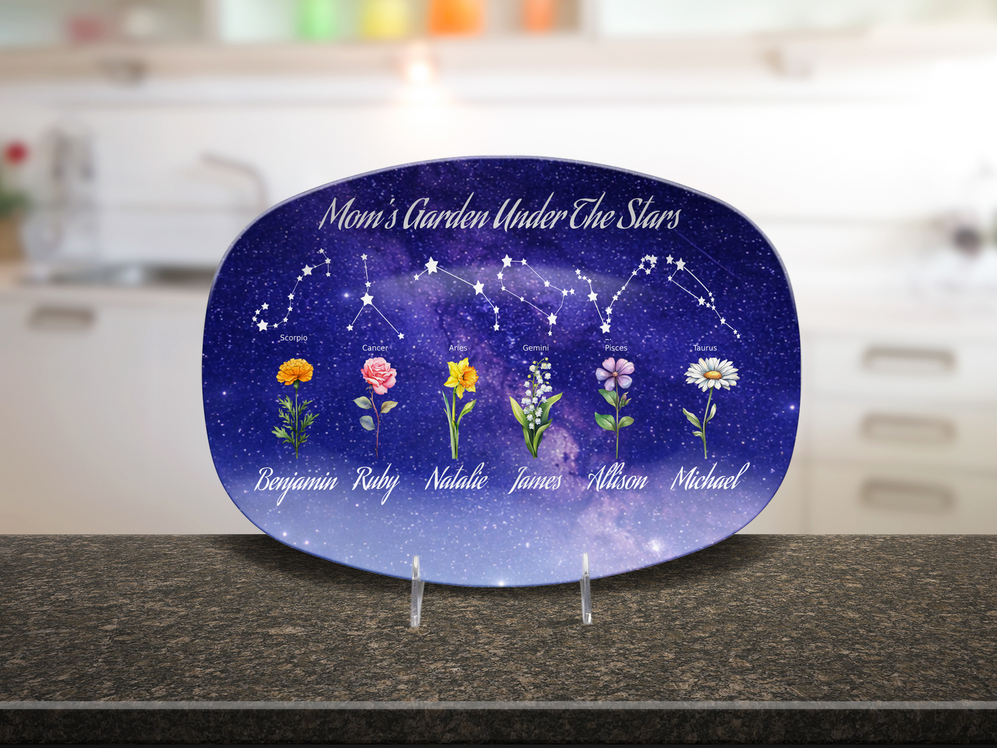 Mom’s Garden Under the Stars – Personalized Birth Flower & Constellation Platter with Family Names