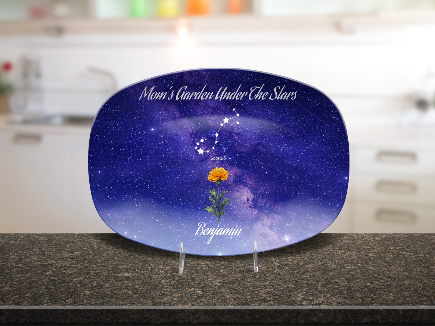 Mom’s Garden Under the Stars – Personalized Birth Flower & Constellation Platter with Family Names