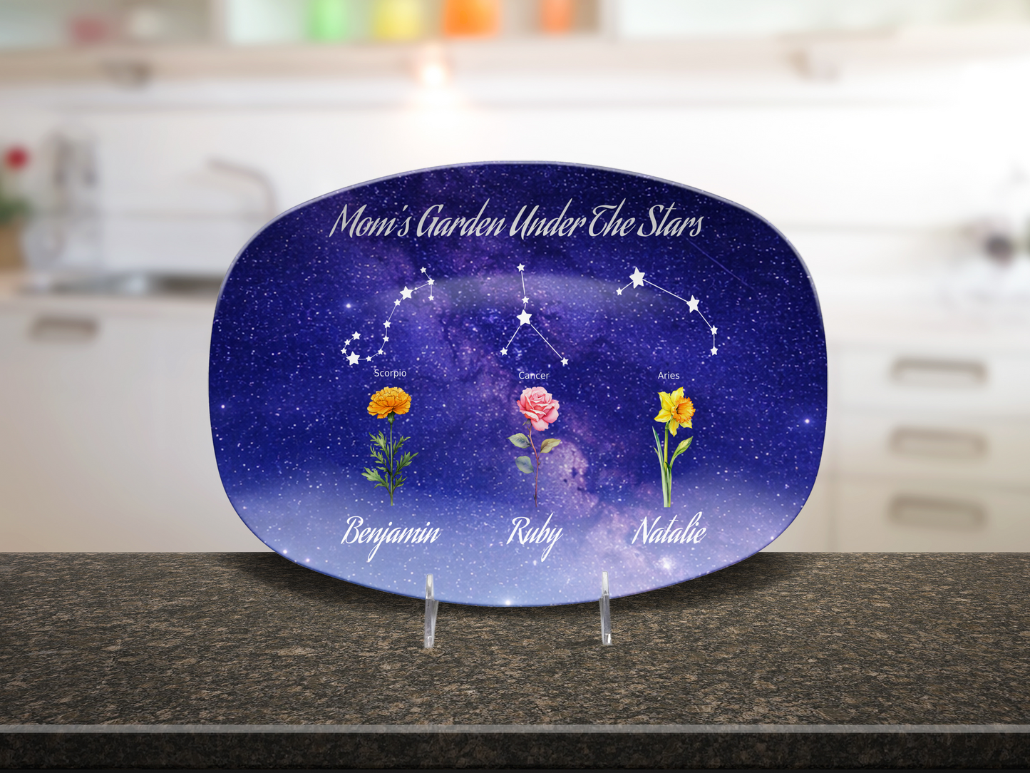 Mom’s Garden Under the Stars – Personalized Birth Flower & Constellation Platter with Family Names