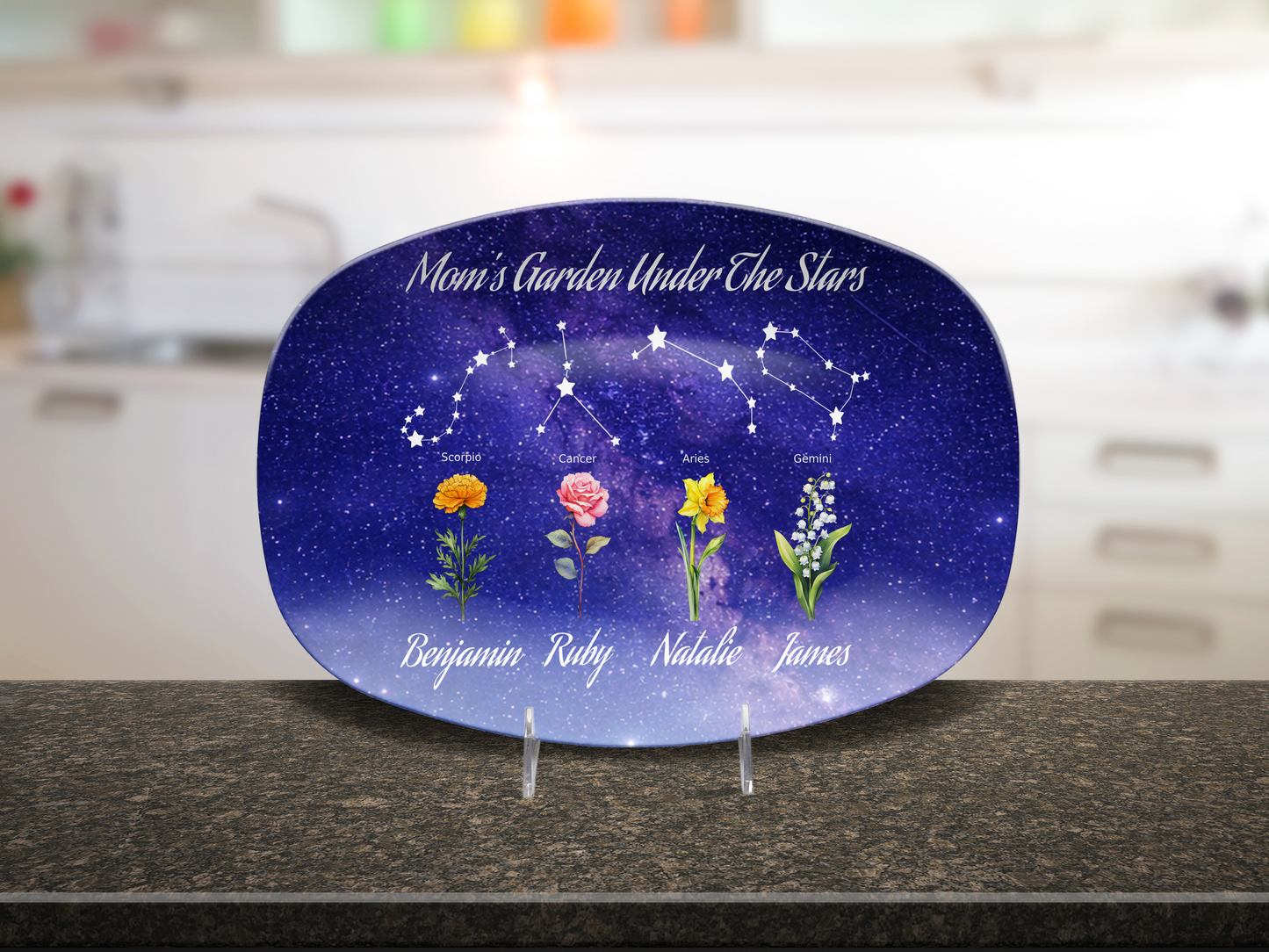 Mom’s Garden Under the Stars – Personalized Birth Flower & Constellation Platter with Family Names