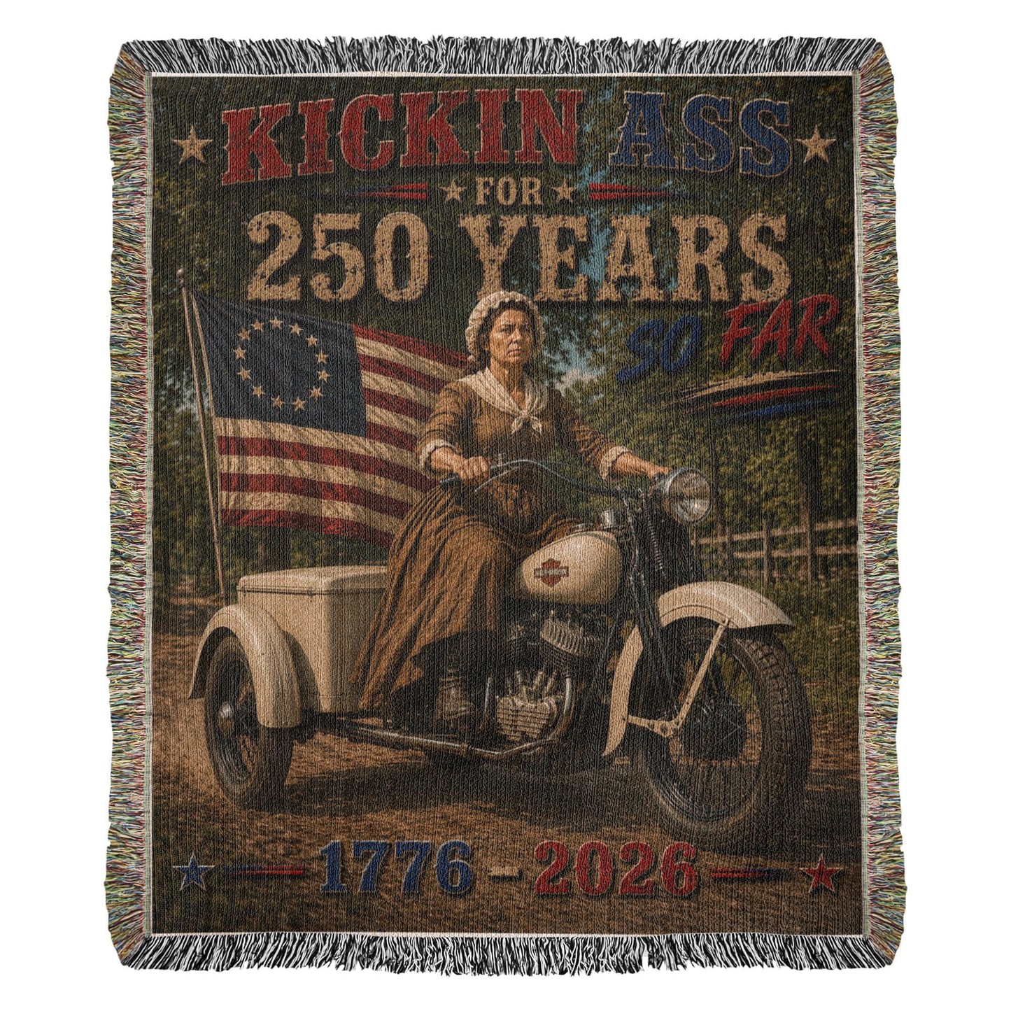 Kickin' Ass For 250 Years So Far – Betsy Ross "49" Harley-Davidson 45 Flathead Vintage Americana Father's Day Woven Blanket