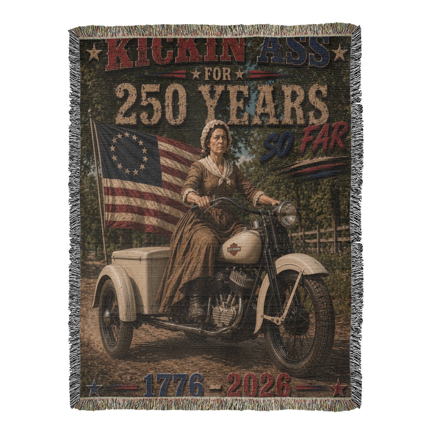 Kickin' Ass For 250 Years So Far – Betsy Ross "49" Harley-Davidson 45 Flathead Vintage Americana Father's Day Woven Blanket