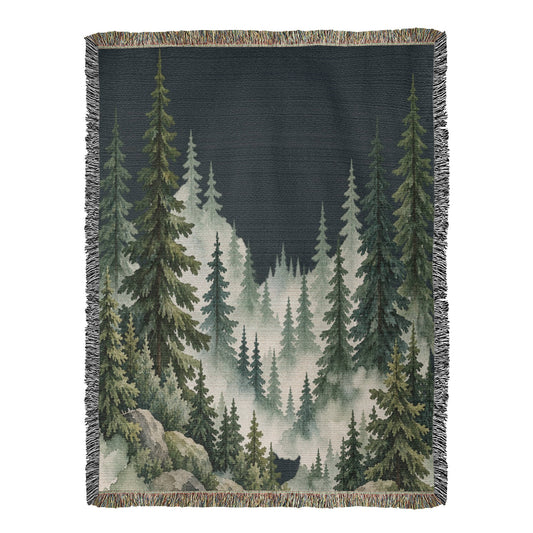 Mountain Forest Woven Blanket – Custom Heirloom Woodland Tapestry Throw, Misty Pine Tree & Wilderness Decor