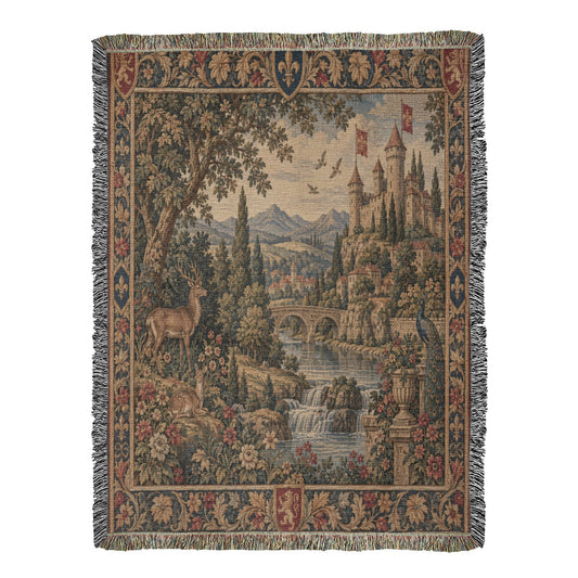 Medieval Tapestry Blanket – Scenic Castle Woven Throw, 100% Cotton European Landscape Blanket