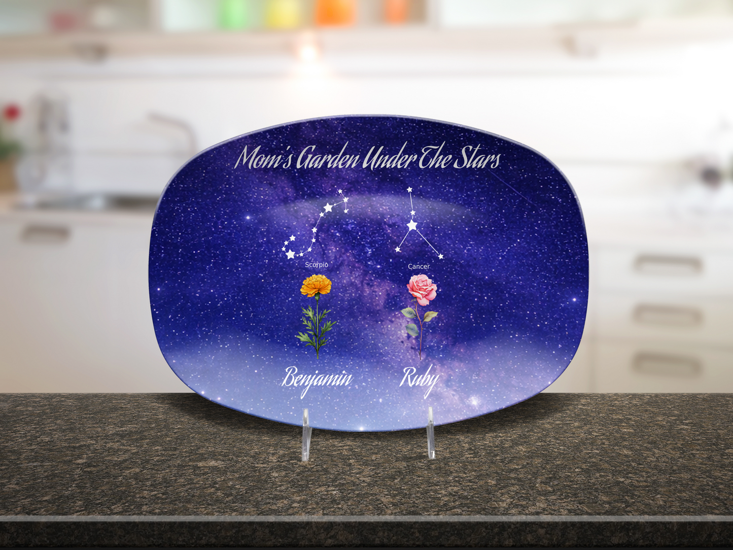 Mom’s Garden Under the Stars – Personalized Birth Flower & Constellation Platter with Family Names
