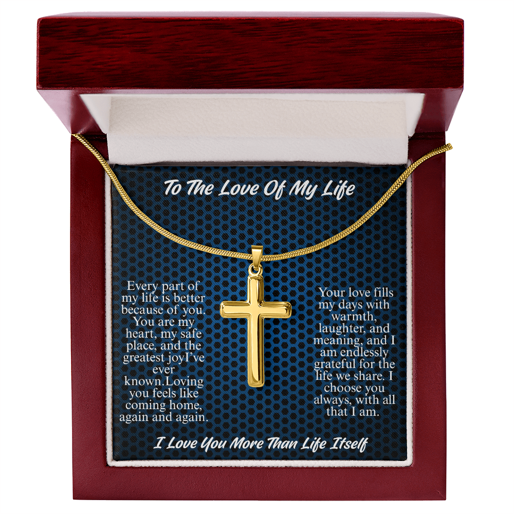 To My Husband, The Love Of My Life, Gold Cross Pendant Necklace: 18k Yellow Gold Snake Chain