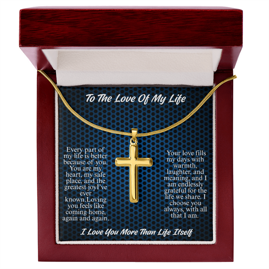 To My Husband, The Love Of My Life, Gold Cross Pendant Necklace: 18k Yellow Gold Snake Chain