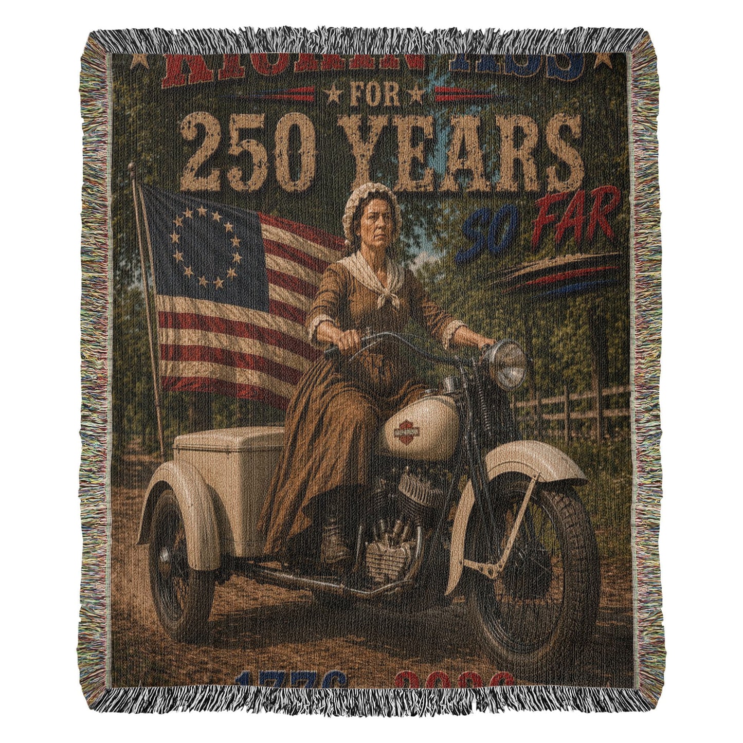Kickin' Ass For 250 Years So Far – Betsy Ross "49" Harley-Davidson 45 Flathead Vintage Americana Father's Day Woven Blanket