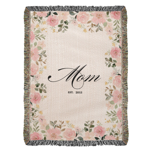 Personalized Mom Blanket with Year – Custom “Mom Est. [Year]” Floral Woven Throw – Meaningful Mother’s Day Gift