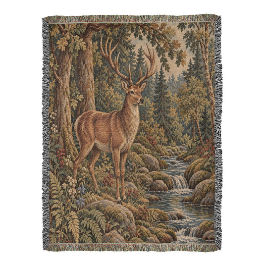Medieval Deer Woven Blanket – Vintage Woodland Tapestry Throw, Forest Stag & Brook Rustic Home Decor